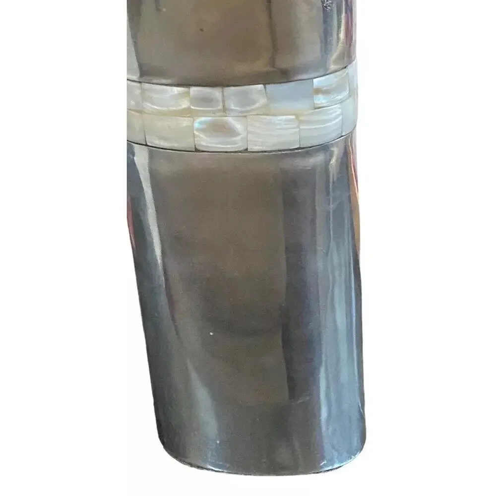 Silver Tone Mother Of Pearl Inlaid Tile Vase 8” Magenta Inc Cylinder Shell Boho